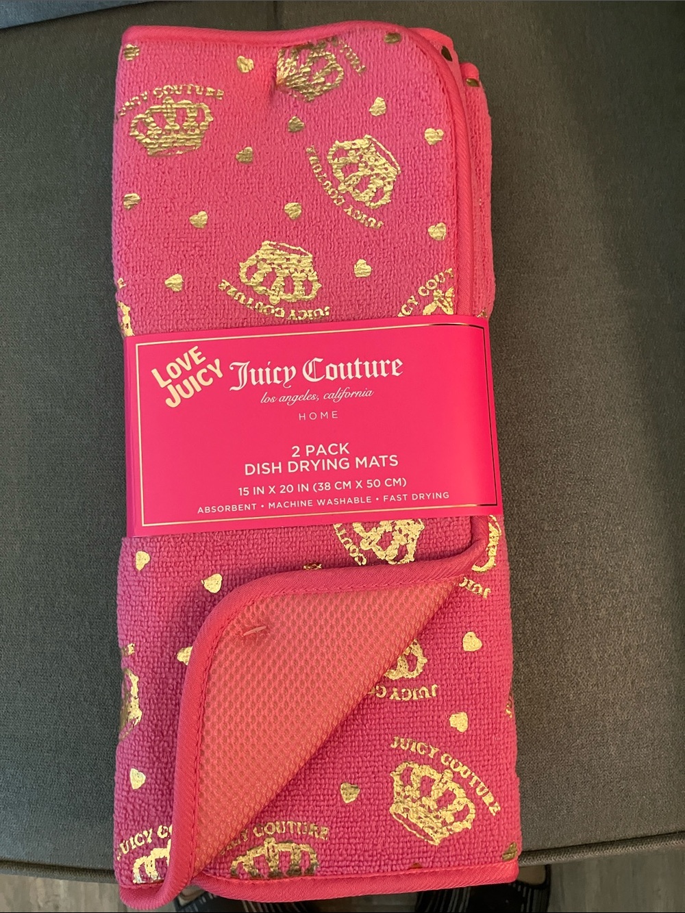 ✨Juicy Couture 2 pk dish drying mats hot pink gold crowns hearts logos NIP NWT - Picture 6 of 8